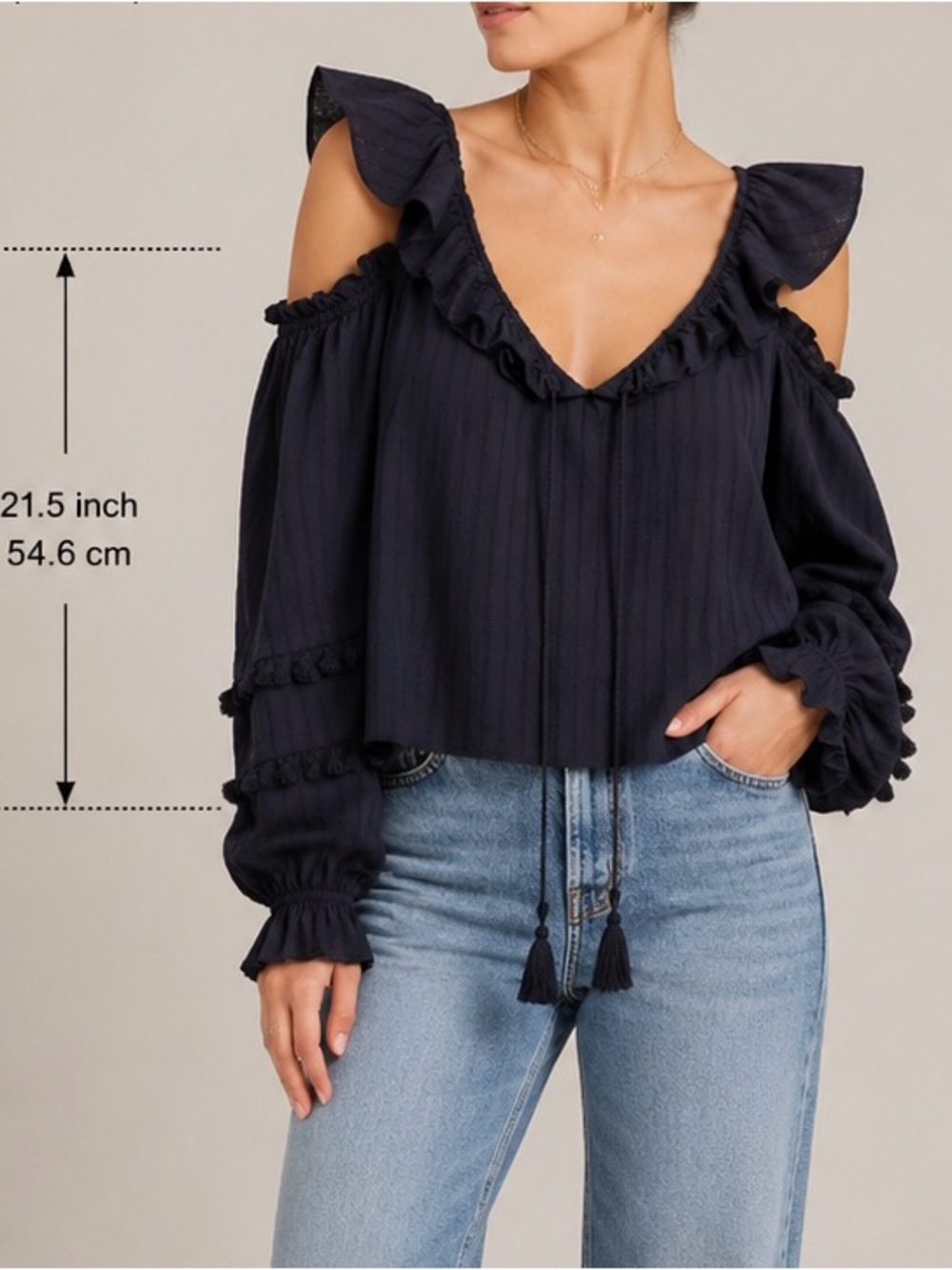 Rebecca Minkoff Navy Cold-Shoulder Ruffle V-Neck Blouse